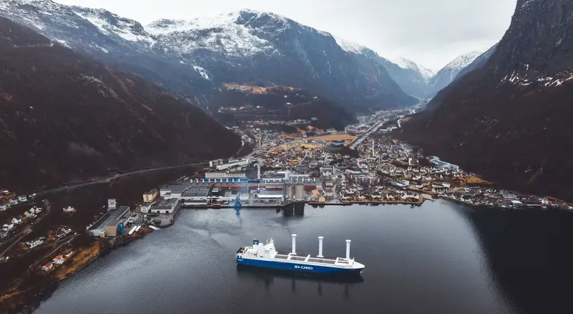 The Trans Sol cargo ship departing Hydro’s aluminium smelter in Høyanger with sheet ingots for the European market.