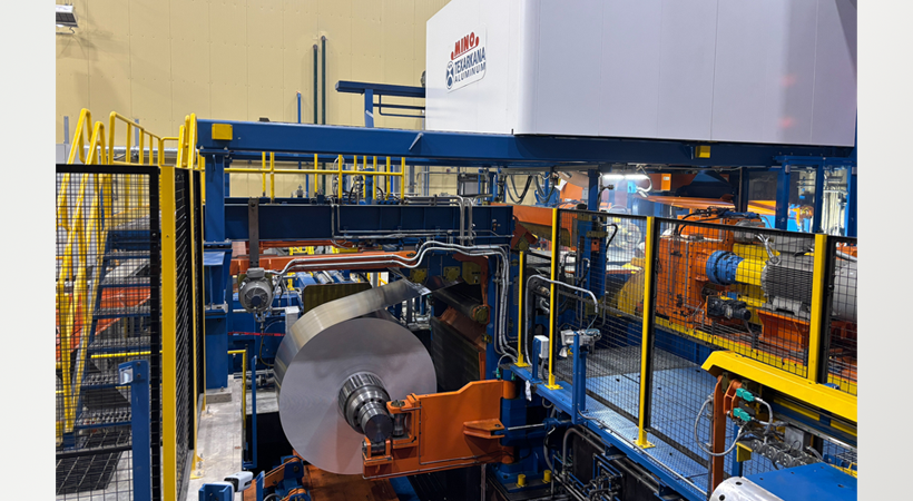 The first coil rolled on Mino’s four stand hot tandem mill at the Texarkana Aluminum (TKA) site. (Image Courtesy of Mino S.p.A.)