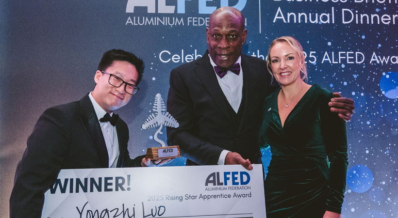 From left to right: 2025 ALFED Rising Star Apprentice Award winner, Yongzhi Luo, Assistant Sales Engineer at Primetals Technologies, special guest former professional boxer Frank Bruno, and Nadine Bloxsome, ALFED CEO.